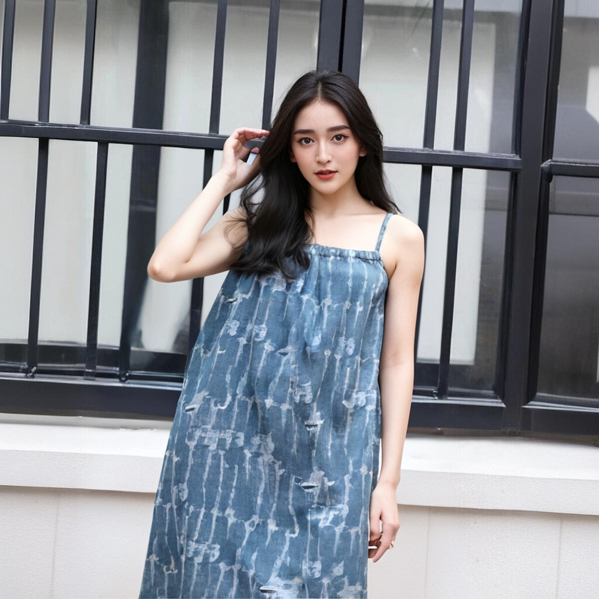 2025夏季宽松开叉过膝连衣裙做旧设计感辣妹风吊带中长款牛仔裙潮