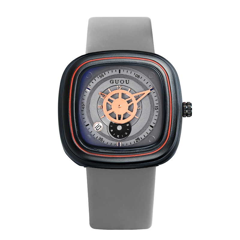 GUOU古欧2023新款欧美风大表盘方形石英表潮流时尚硅胶带手表防水