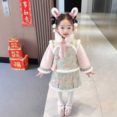 女童汉服儿童旗袍拜年服冬季新款国风唐装小女孩古装新年服装套装