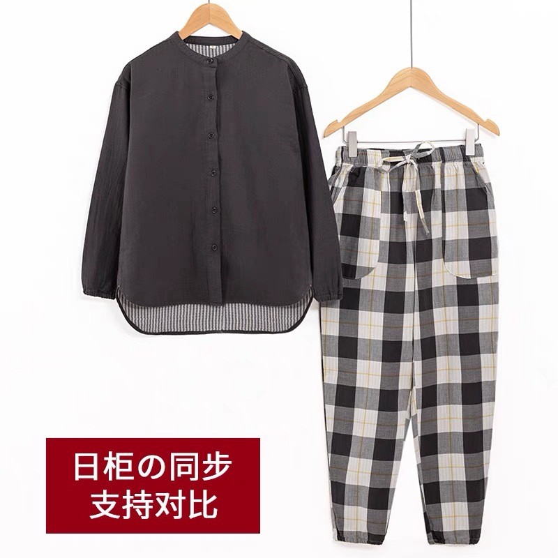 无印全棉双层纱织睡衣女宽松长袖纯棉家居服套装男春夏季睡裤薄款