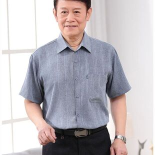 春秋爸爸长袖袖衬衫老年人衬衣棉麻中老年60-70-80爷爷宽松半袖