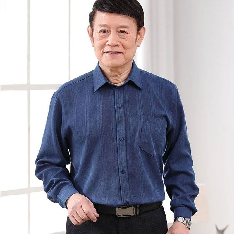 春秋爸爸长袖袖衬衫老年人衬衣棉麻中老年60-70-80爷爷宽松半袖