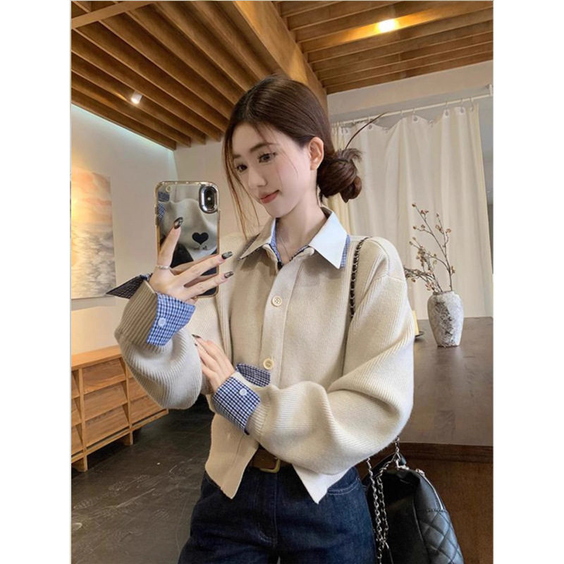 假两件格子拼接针织开衫毛衣女秋2026新款松弛感慵懒风短款外套