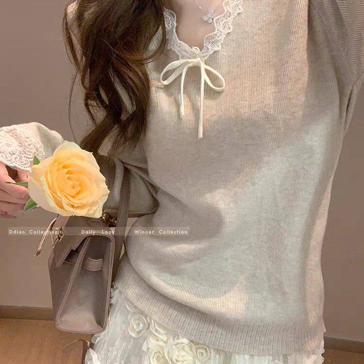 蝴蝶结法式v领长袖针织衫女秋设计感小众高级感超好看粉色毛衣