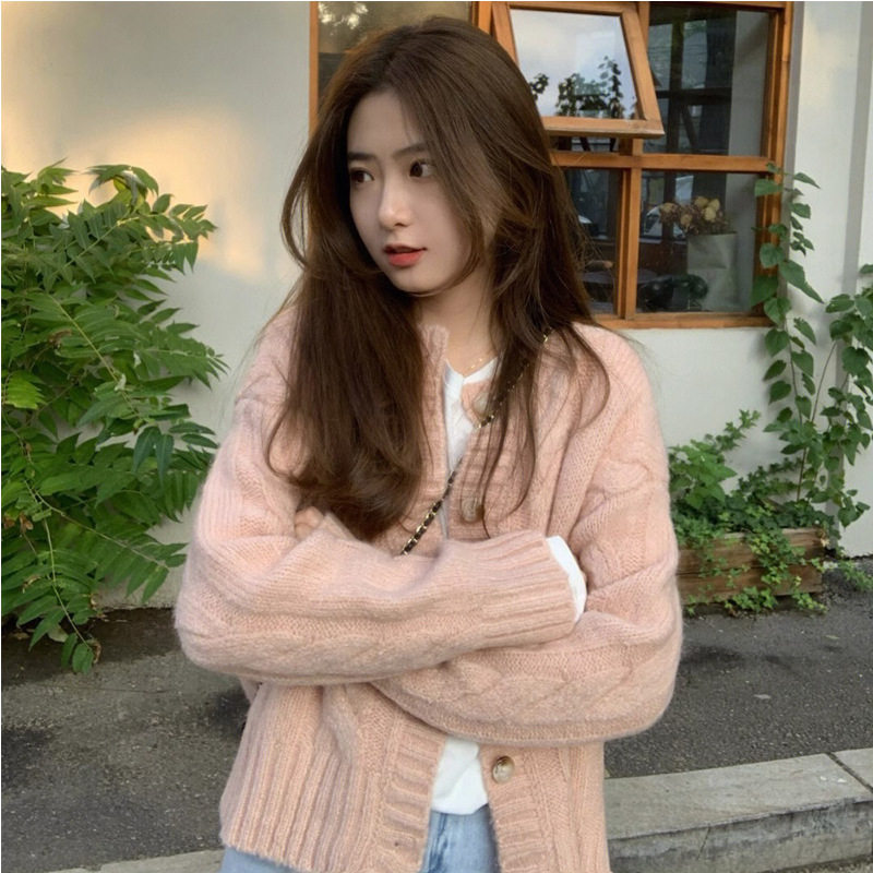 粉色麻花毛衣外套女2026新款春秋小个子宽松针织开衫韩系温柔上衣