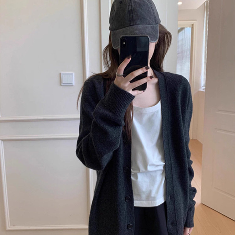 黑色针织开衫女春秋小个子休闲宽松慵懒风外搭毛衣外套软糯上衣