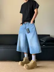 Cabbage Coke Wide-Leg 7/8 Denim Pants Summer Vintage Washed Distressed Straight-Leg Denim Mid-Length Shorts for Men