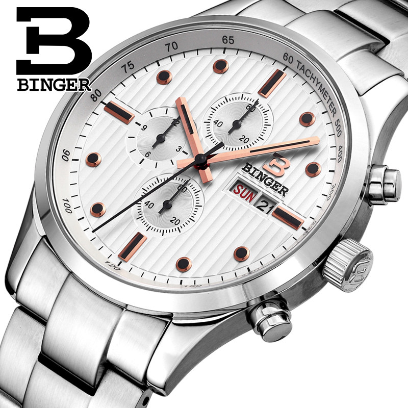 【清仓到手128元】宾格手表三眼防水运动时尚赛车计时男表钢带