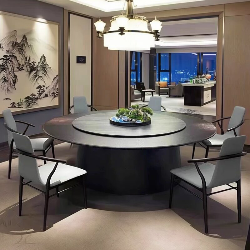 新中式酒店餐桌电动岩板转盘大圆桌椅15人20饭店包厢会所2米圆桌
