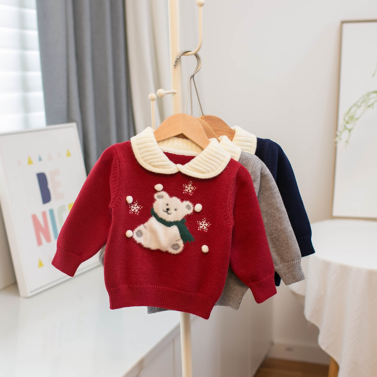 儿童可爱卡通小熊翻领毛衣女童秋冬圣诞慵懒风软糯打底针织衫上衣