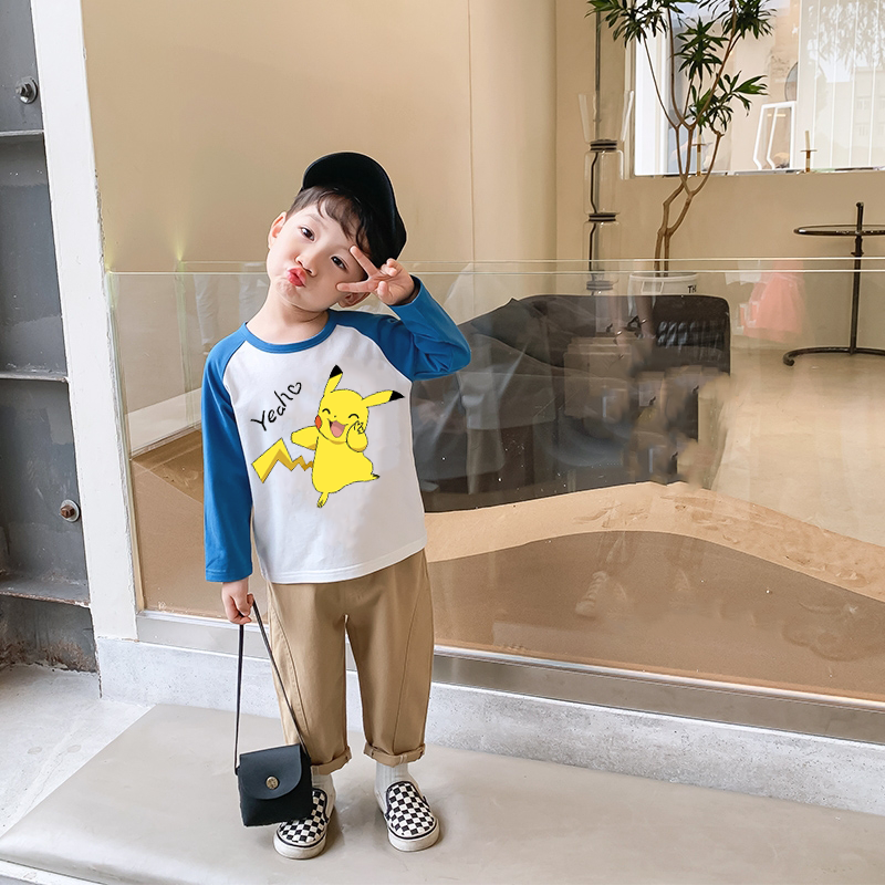 儿童春秋t恤2025新款童装男童长袖纯棉打底衫女童皮卡丘衣服卡通