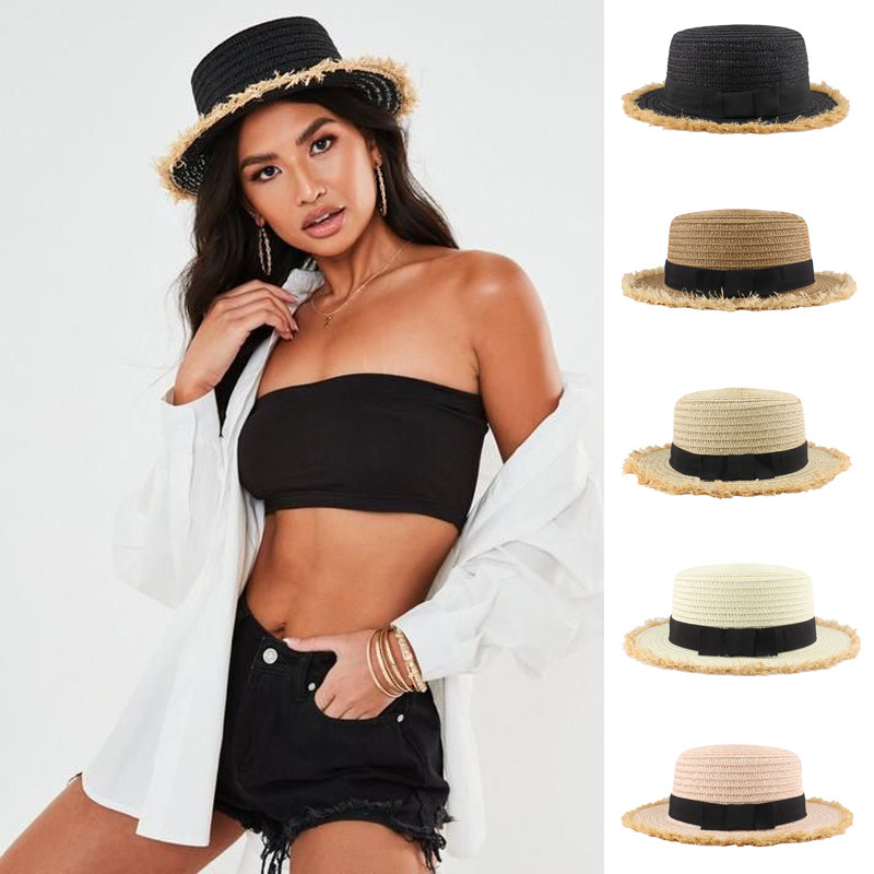 春夏季男女同款草帽宽檐遮阳防晒太阳帽平顶平檐礼帽沙滩海边旅游