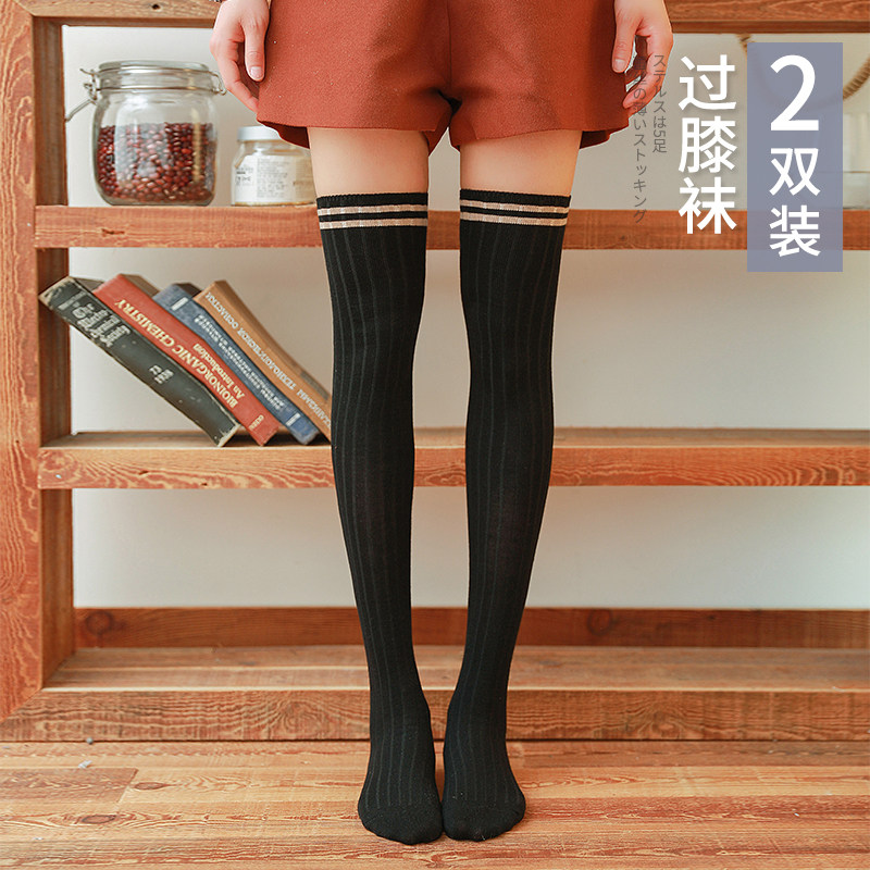 韩国日系两杆长筒高筒纯色棉长袜美腿跳舞防滑显瘦春秋过膝袜子女