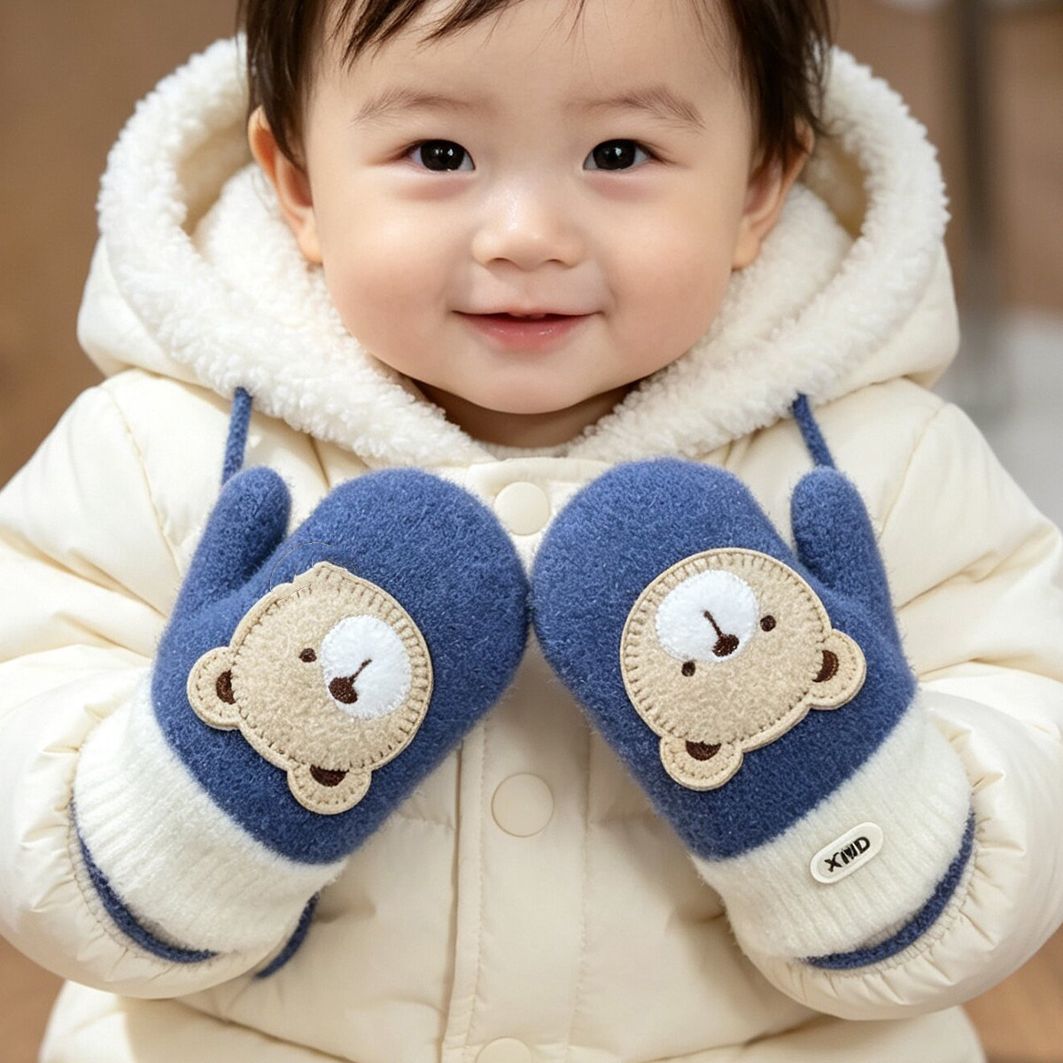 婴幼儿加绒加厚防寒连指手套可爱