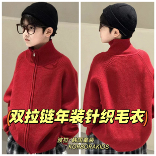 2025冬装波拉韩国童装实体店男童女生年装红色毛衣新年拉链针织衫