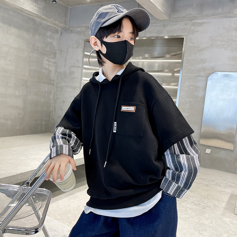 波拉童装男童初秋运动卫衣2025中大童个性假两件休闲上衣潮酷男孩