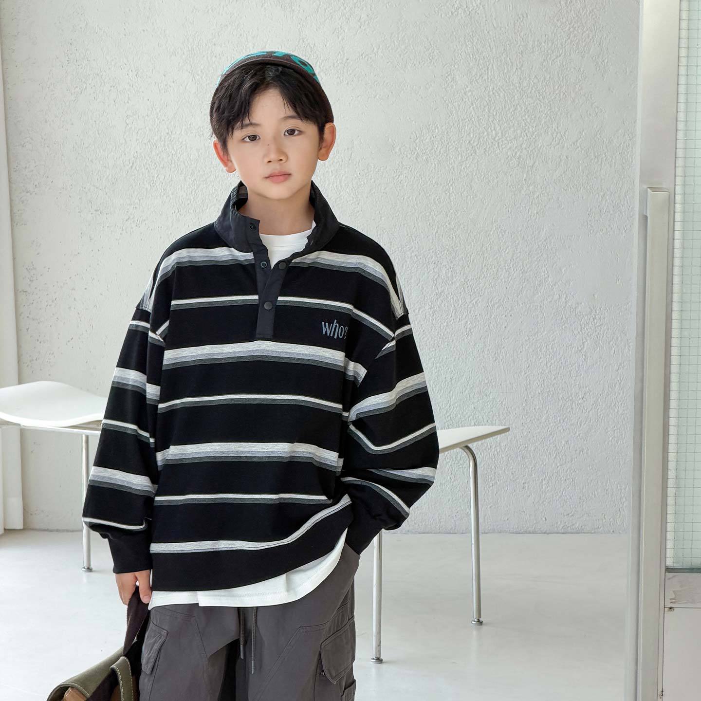 波拉童装男童条纹卫衣秋装2026秋装儿童痞帅风打底衫大童翻领男孩