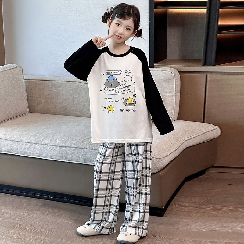 波拉童装2026秋装女童秋季家居服套装中大童卡通长袖T恤格子裤睡