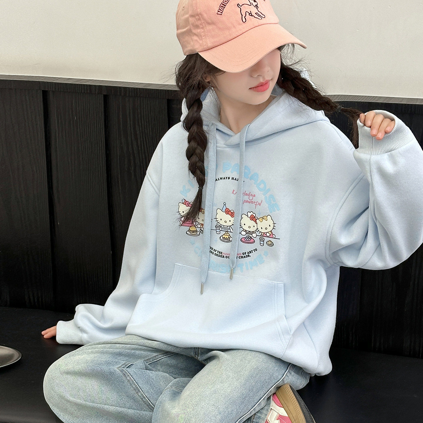 波拉童装女童连帽卫衣2026秋装秋季女大童韩系卡通猫咪印花套头上
