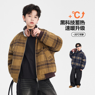 波拉童装男童冬季韩范毛呢短款格子羽绒服2025儿童男孩加厚防寒外
