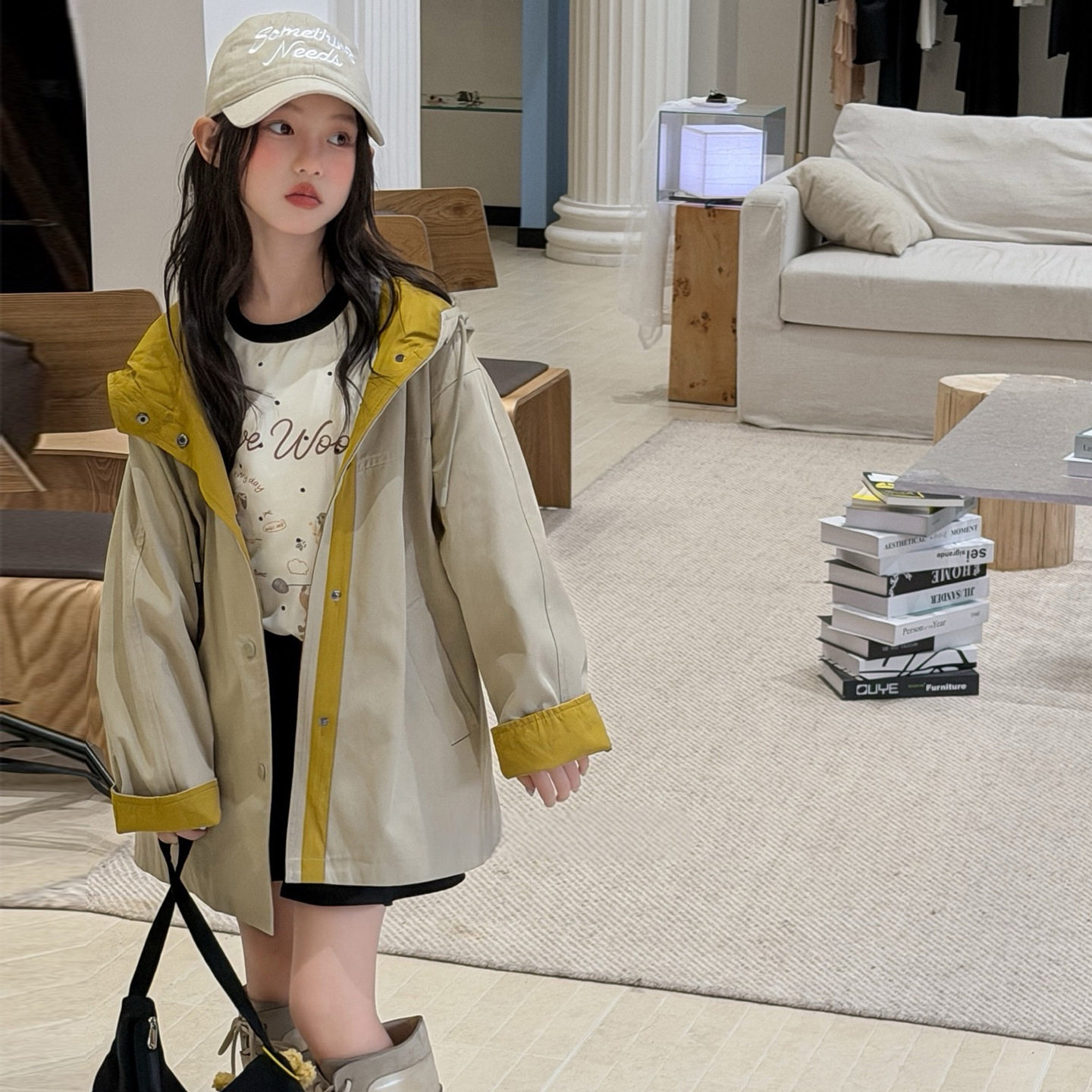 波拉童装韩系女童风衣外套2026秋装秋季中大童拼色连帽中长款夹克