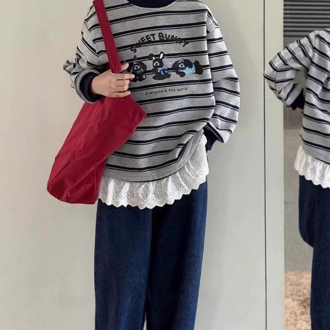 韩国童装2025秋冬季新款女童加绒卫衣儿童厚保暖宽松条纹上衣外套