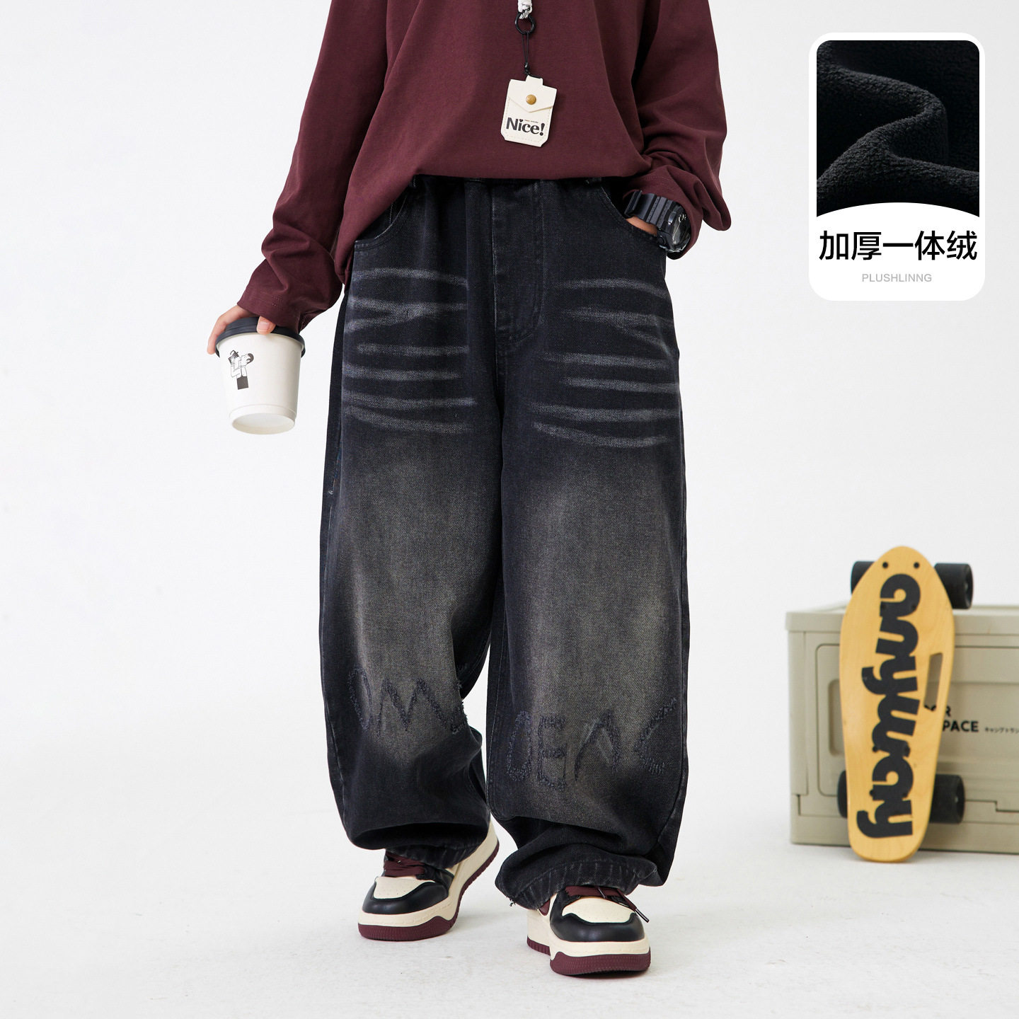 波拉童装男童冬季潮牌加绒加厚直筒牛仔裤2025青少年儿童阔腿宽松