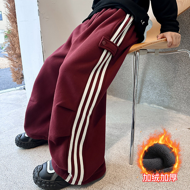 波拉童装男童裤子秋冬款2025儿童装冬季运动条纹加绒卫裤男童直筒