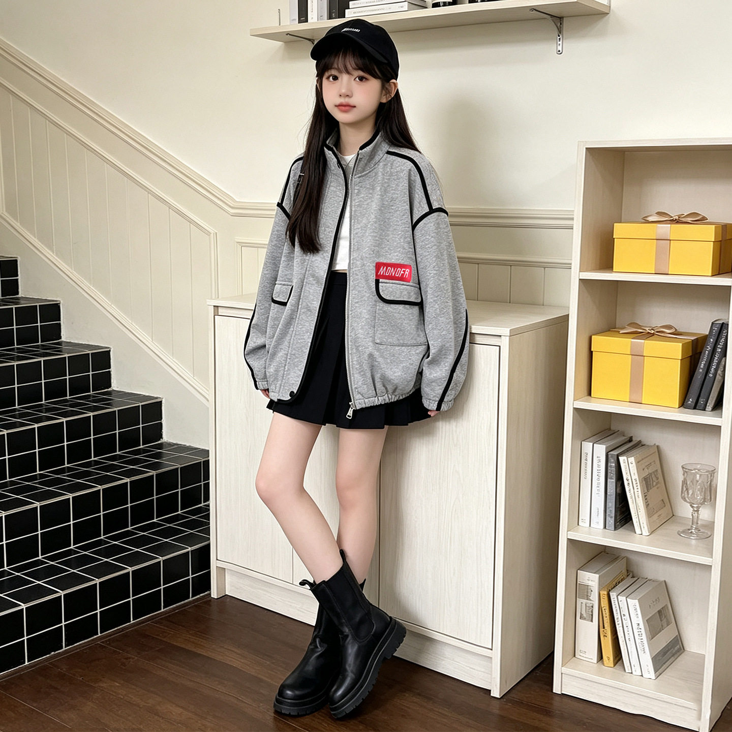 波拉童装女童韩系休闲棒球服外套2026秋装秋季中大童宽松立领卫衣