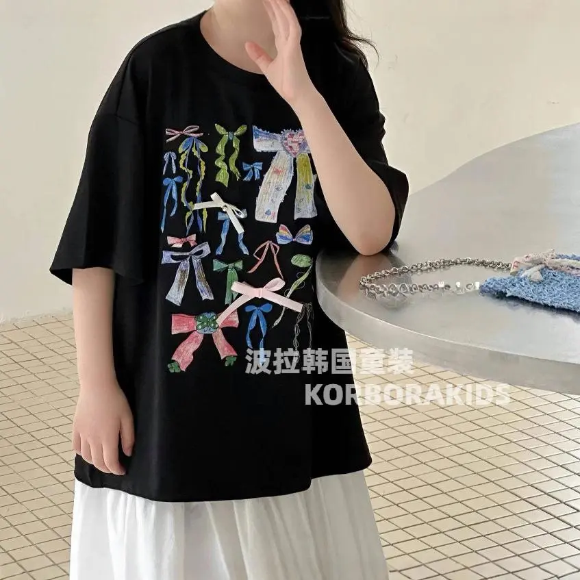 2025夏装波拉韩国童装女童中大童短袖T恤慵懒风蝴蝶学生半袖上衣
