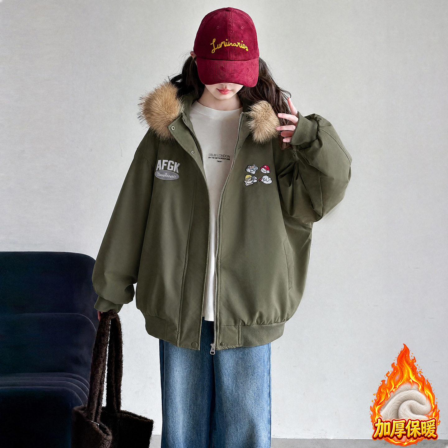 波拉童装韩系女童冬装加厚毛领派克服2026冬装女大童卡通加厚棉服