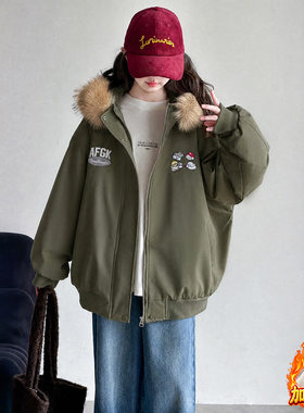 波拉童装韩系女童冬装加厚毛领派克服2026冬装女大童卡通加厚棉服