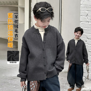 波拉童装2025秋冬韩版男童灰色休闲加厚保暖针织毛衣开衫慵懒风外