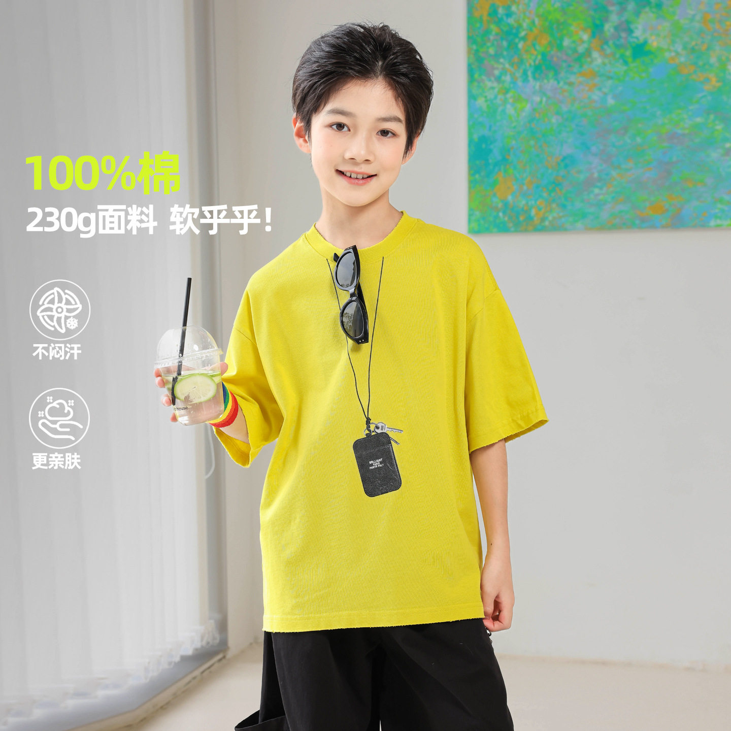 波拉童装男童薄款纯棉印花休闲T恤2026夏装夏季中大童韩版潮t