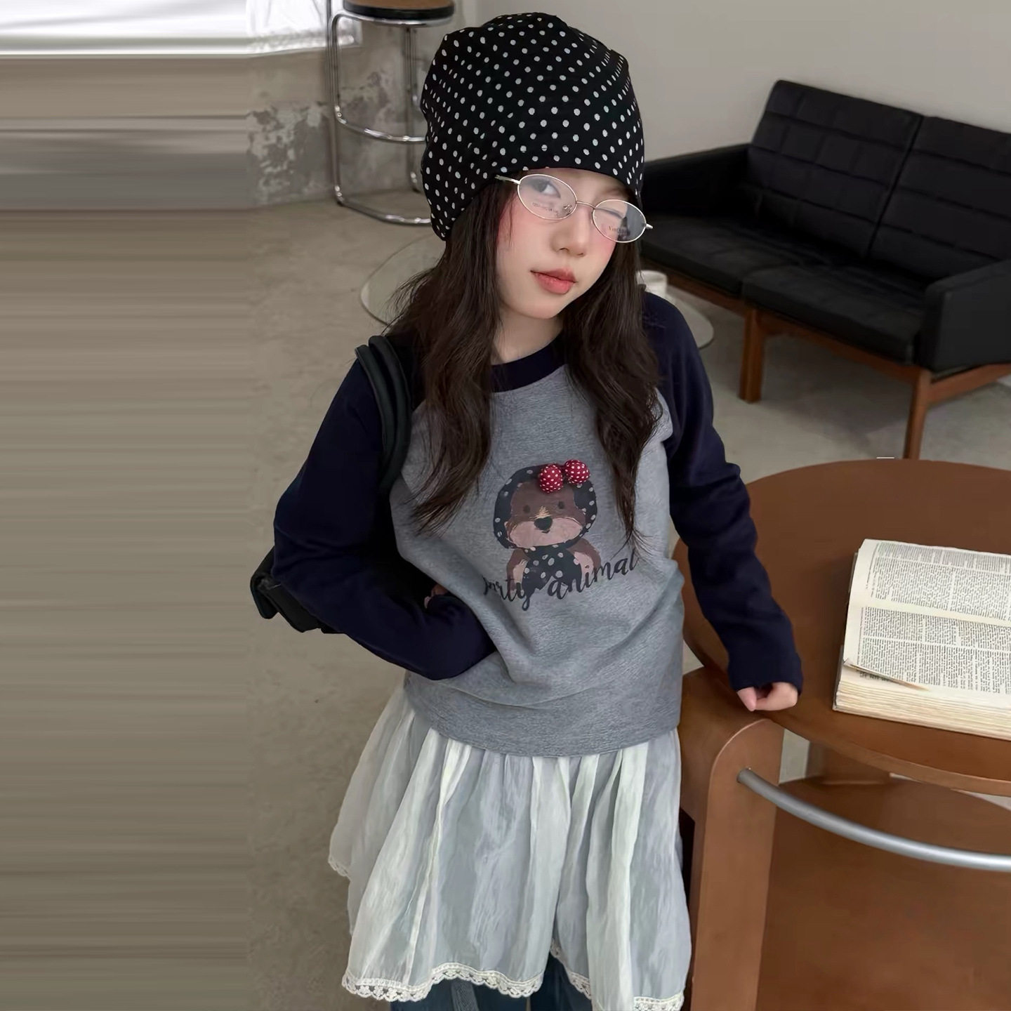波拉童装韩国女童甜美蝴蝶结打底衫秋冬款2026冬装小女孩卡通小狗