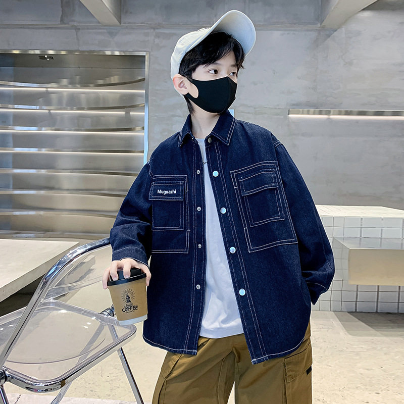波拉童装童装秋装男童牛仔衬衫2025中大童春秋款上衣儿童外套衣服