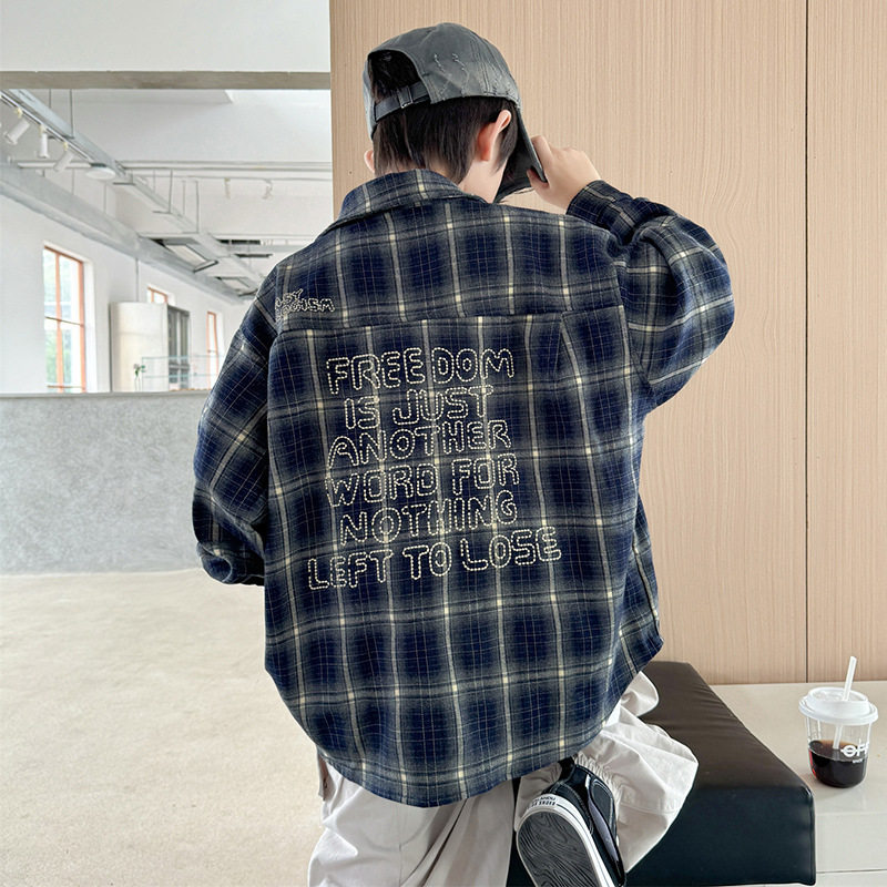 波拉童装男童外套秋季格子衬衫2025中大童复古休闲衬衣春秋款上衣