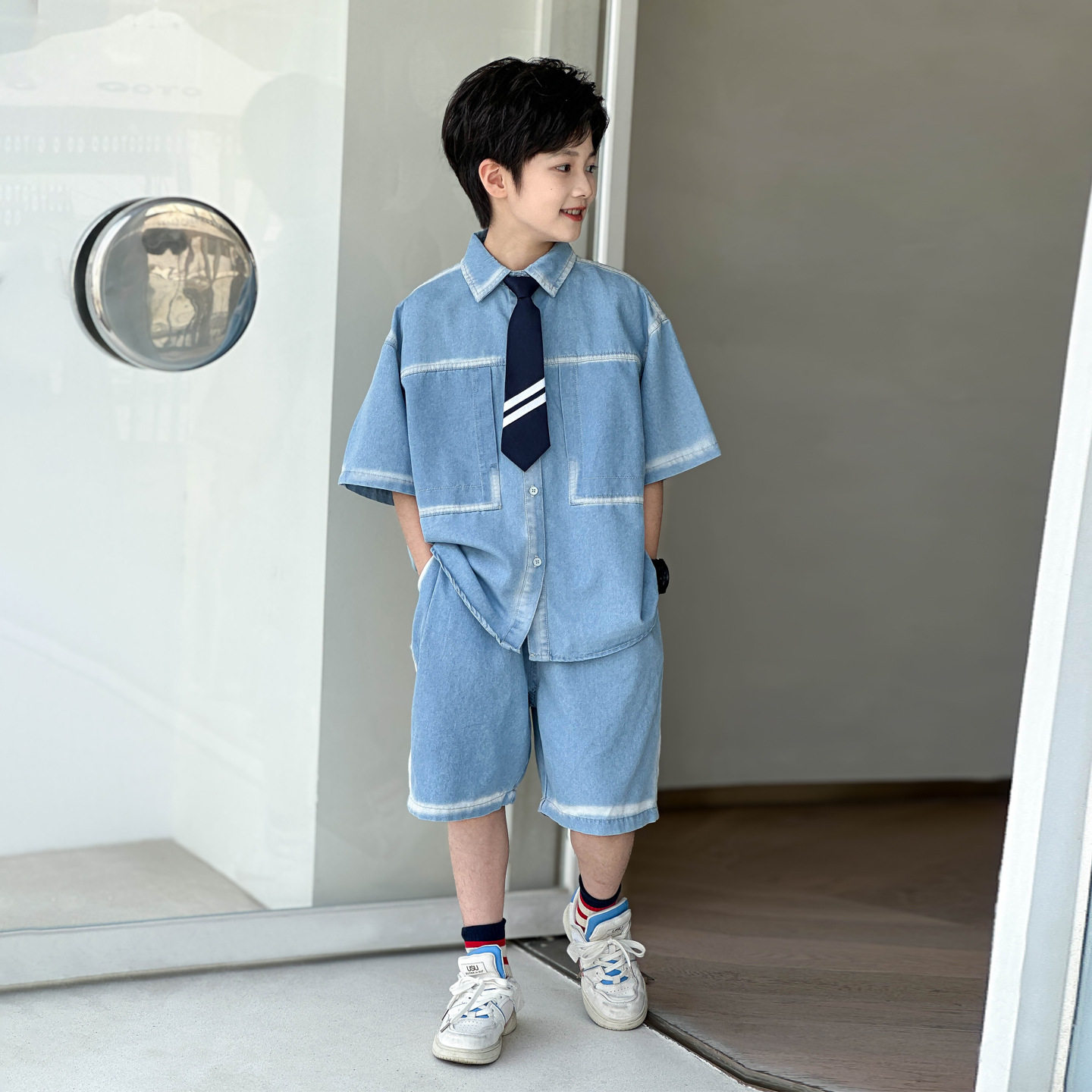 波拉童装男童薄款短袖牛仔套装2026夏装夏季中大童韩版休闲两件套