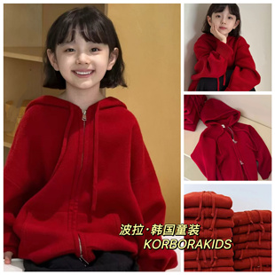 2025冬装波拉韩国童装实体店男童女生红色毛衣新年拉链连帽针织衫