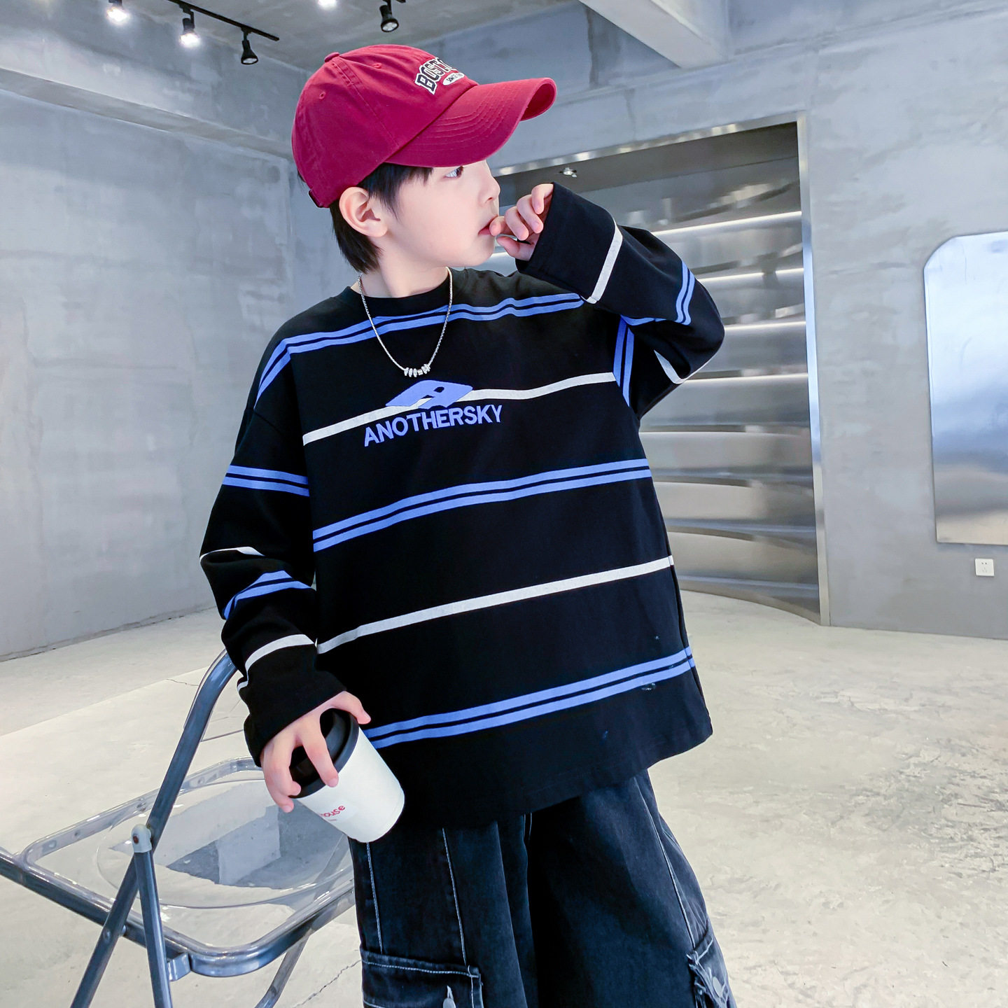 波拉童装男大童韩范条纹运动长袖t恤2026青少年儿童纯棉宽松上衣