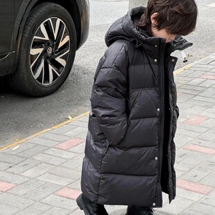 波拉童装韩国童装新款男女童白鸭绒加厚长款连帽过膝中长款羽绒服