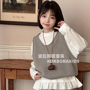 女童中大童毛衣馬甲蕾絲花邊T恤套裝 學(xué)院風(fēng) 波拉韓國(guó)童裝 2025春裝