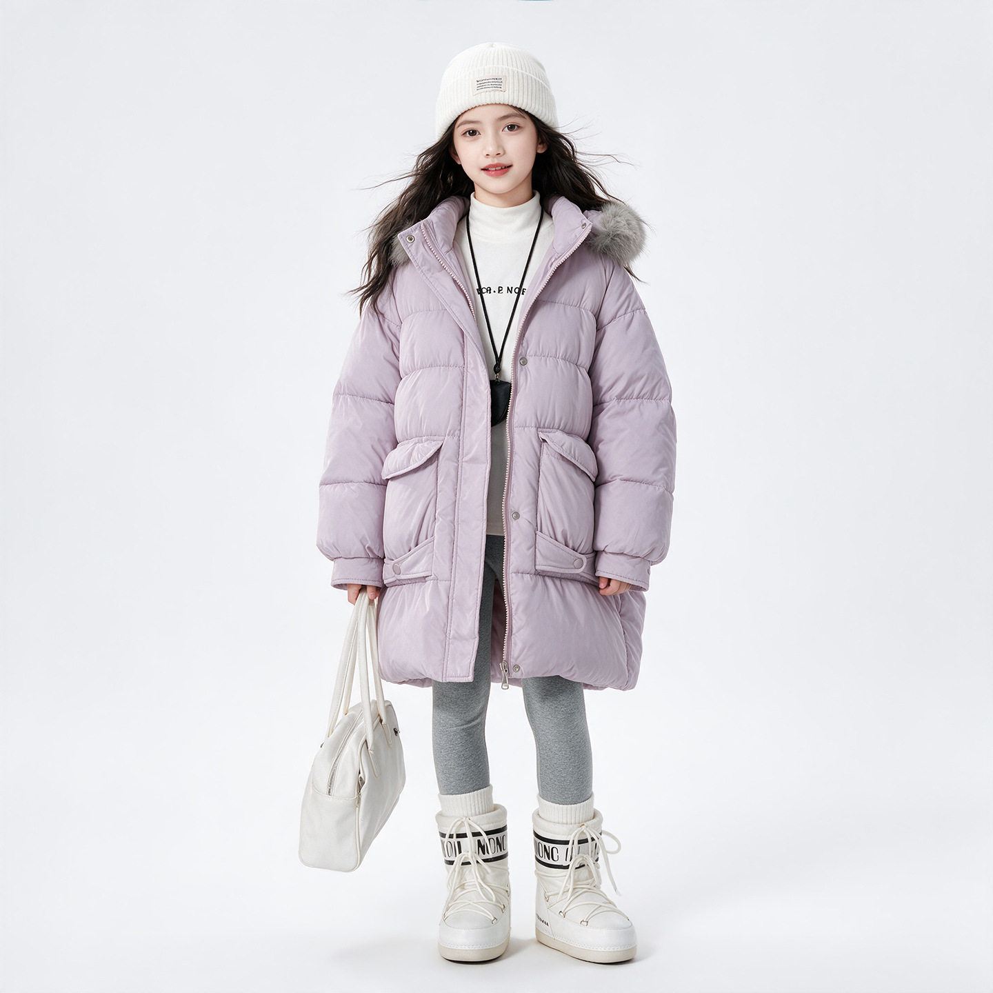 波拉童装女童毛领连帽棉服2026冬装儿童中长款棉衣加厚冬天棉袄外