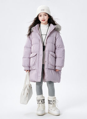 波拉童装女童毛领连帽棉服2026冬装儿童中长款棉衣加厚冬天棉袄外