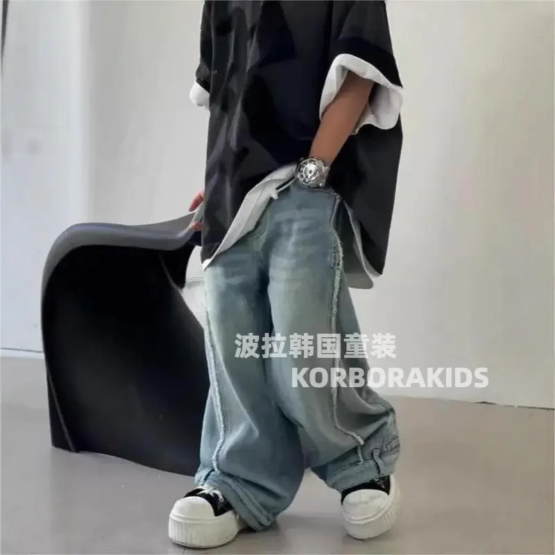 2025春装波拉韩国童装男女童中大童牛仔裤儿童阔腿裤直筒裤长裤子