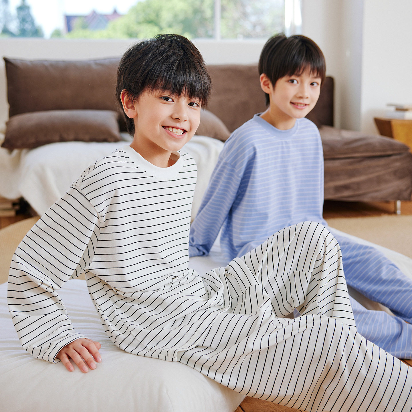 2026秋装波拉童装男童女童条纹家居服中大童秋衣秋裤儿童睡衣套装