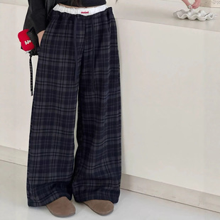 2025冬装波拉女童加绒格子裤洋气儿童冬季宽松直筒裤女孩休闲裤子