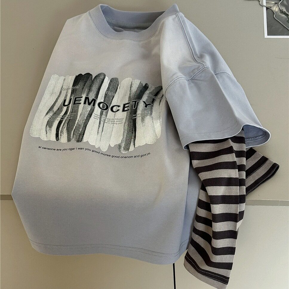 波拉童装2026春装春季男童长袖t恤假两件儿童纯棉打底衫女童中大