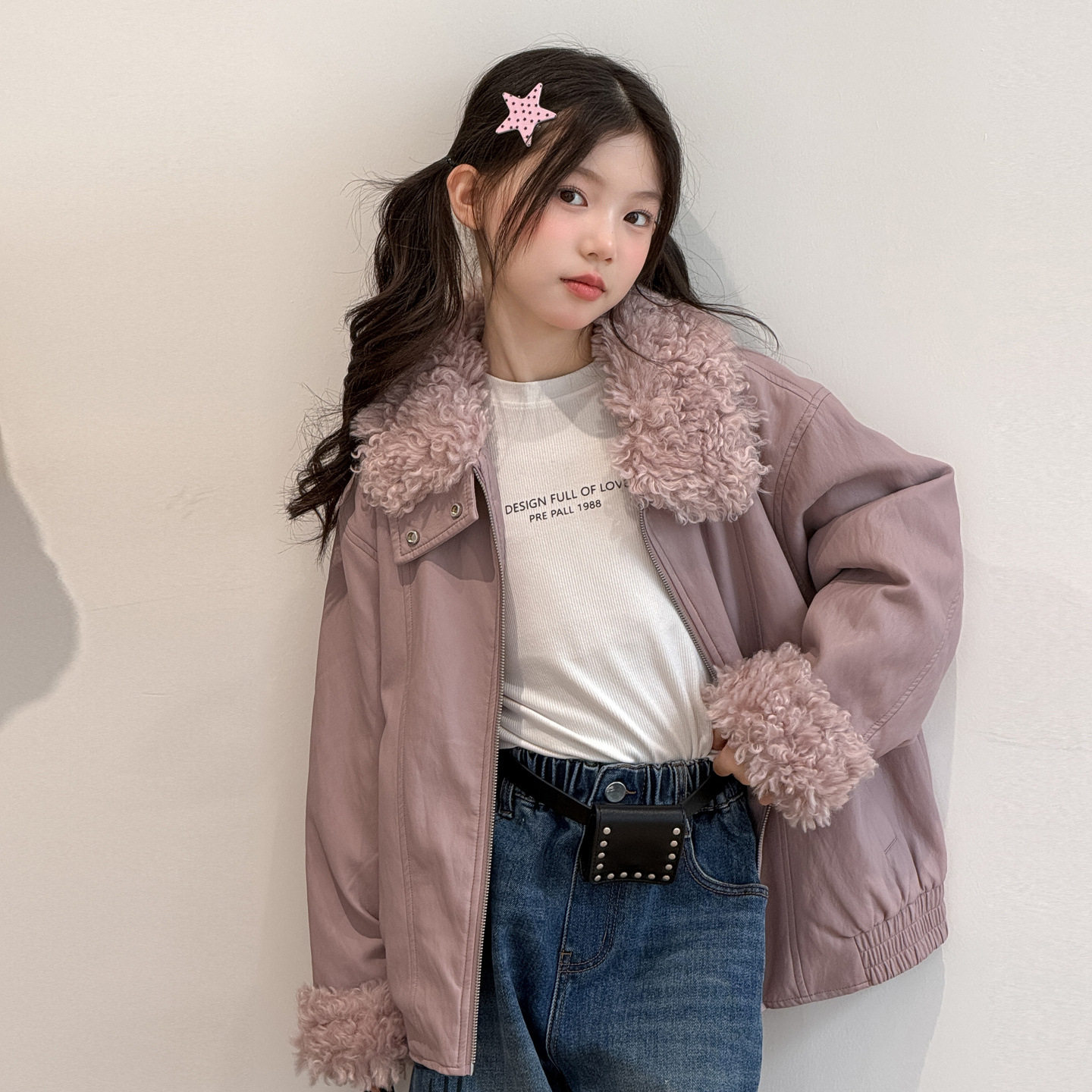 波拉童装女童韩系复古羊羔毛翻领皮衣2026冬装女孩夹棉加厚皮夹克
