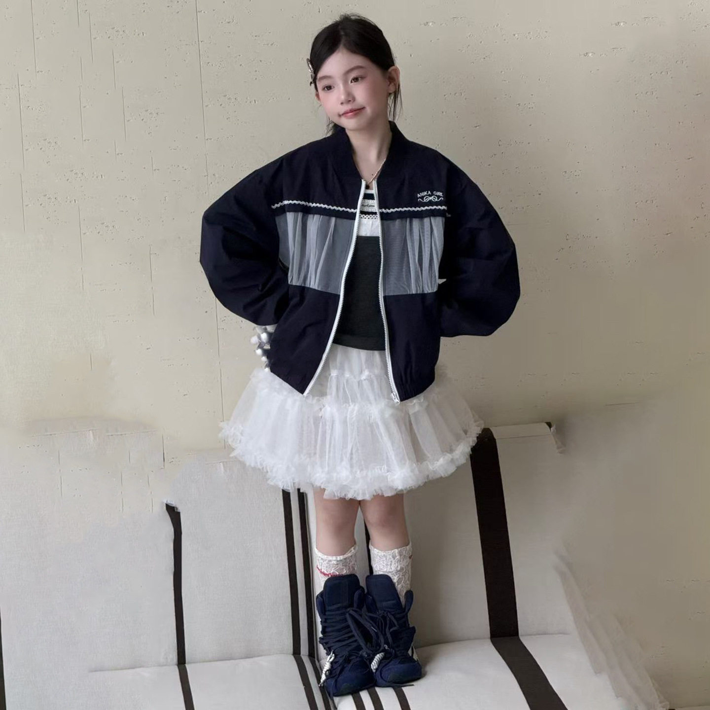 波拉童装女大童韩版网纱拼接外套2026秋装秋季初中生藏青连帽拉链